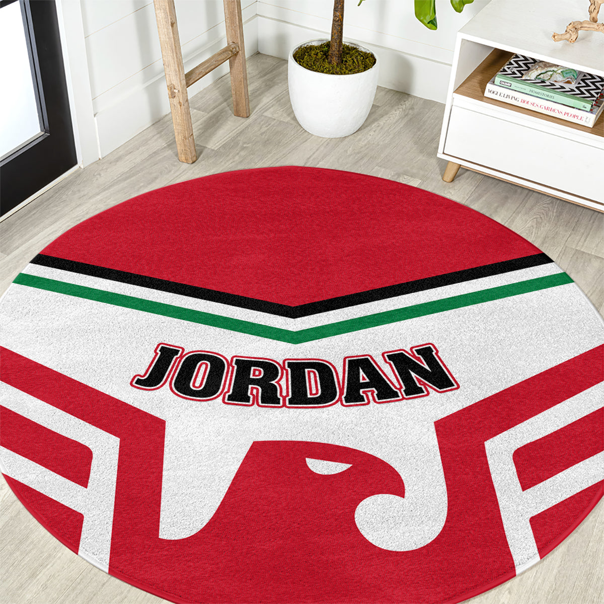 Red and white round football carpet with JORDAN logo and green/black stripe border