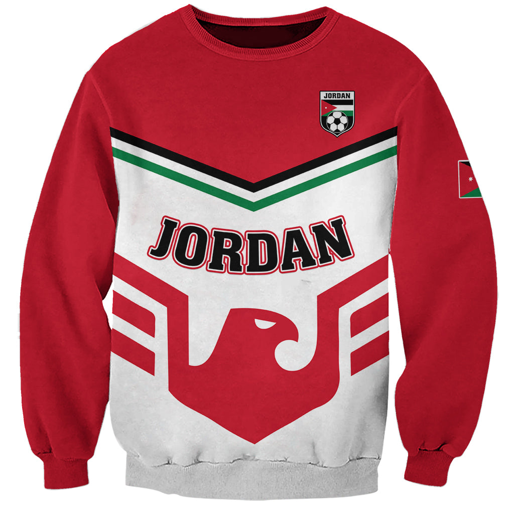 Jordan football sweatshirt, red and white chevron front with Jordan logo and crest badge
