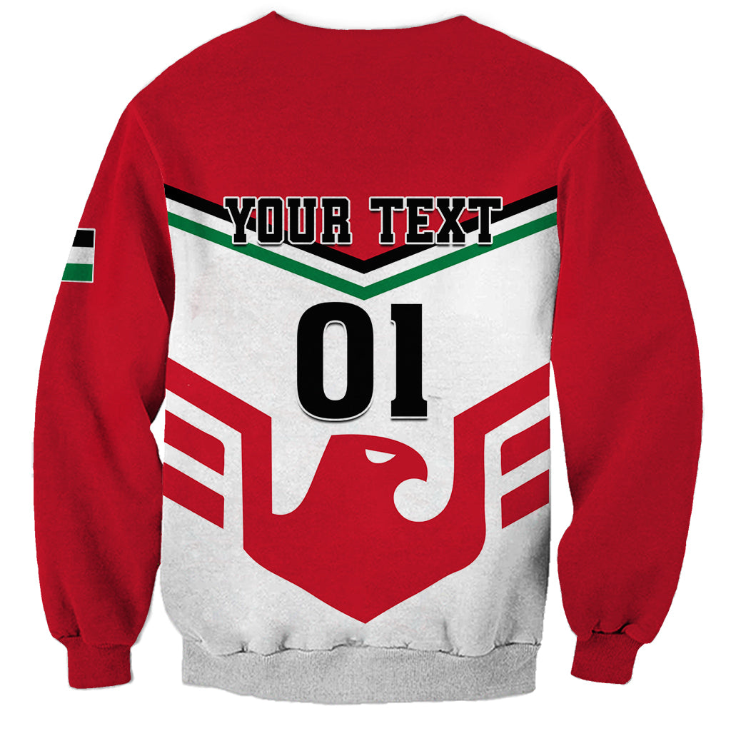 Jordan football sweatshirt, red and white back graphic with 'YOUR TEXT' and '01' crest