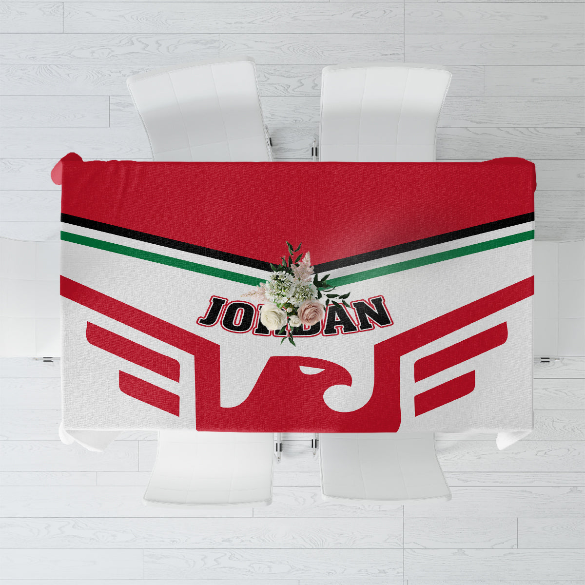 Red and white football tablecloth with central shield graphic and Jordan logo.