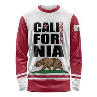 Red and white long-sleeve raglan shirt with California star and bear flag graphic