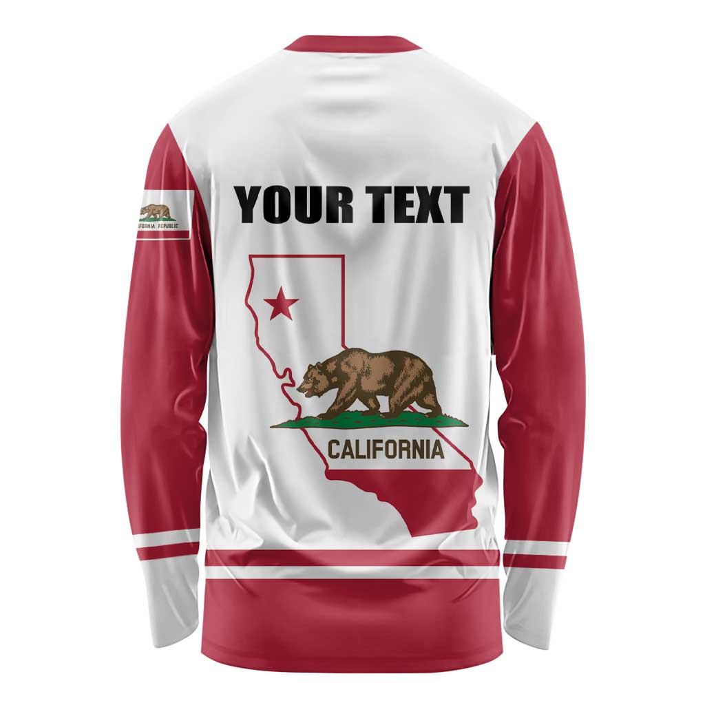 Red and white long-sleeve raglan shirt with 'YOUR TEXT' and California outline bear