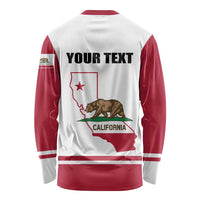 Red and white long-sleeve raglan shirt with 'YOUR TEXT' and California outline bear