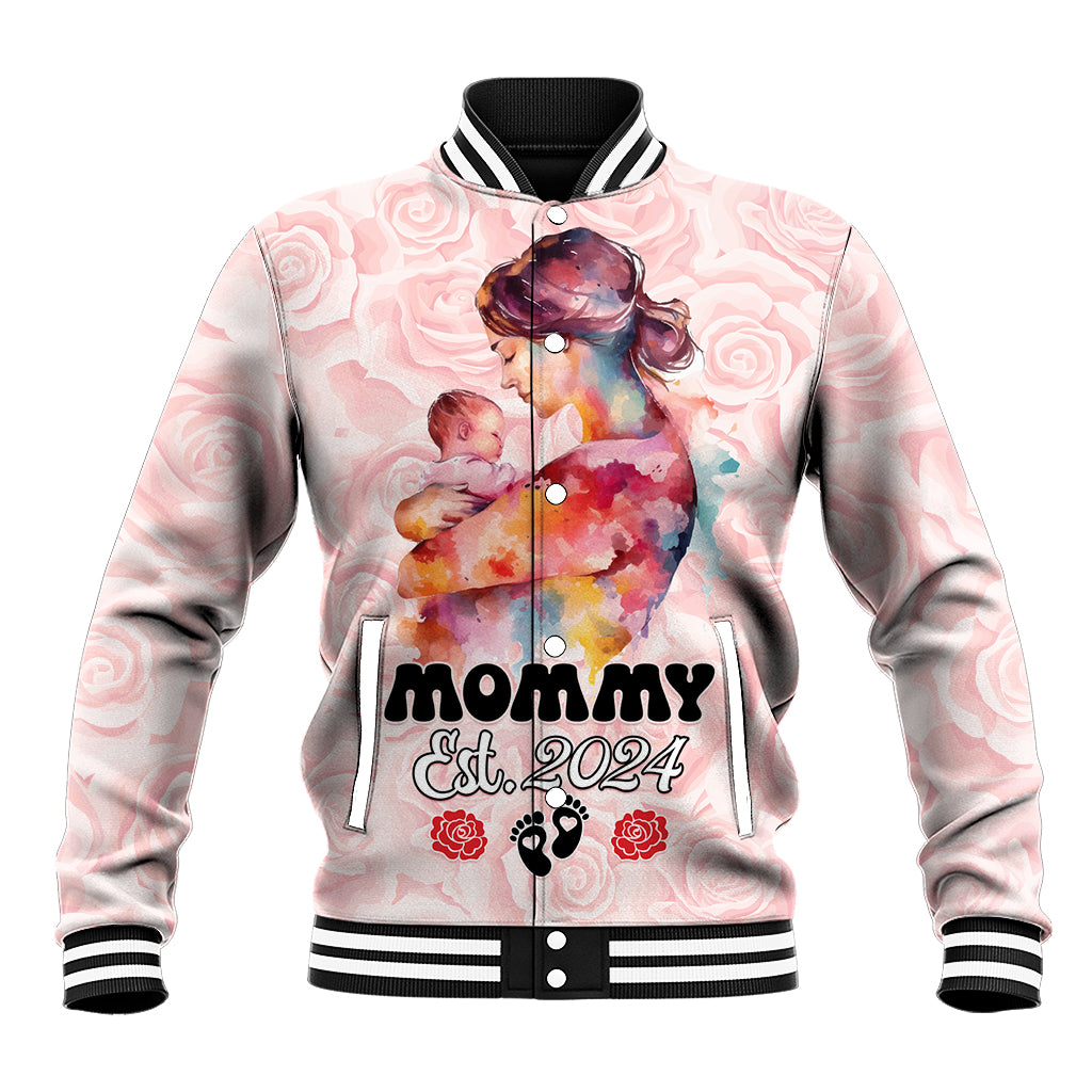 Pink unisex baseball jacket with mom and baby graphic, 'mommy Est. 2024' patch