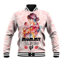 Pink unisex baseball jacket with mom and baby graphic, 'mommy Est. 2024' patch