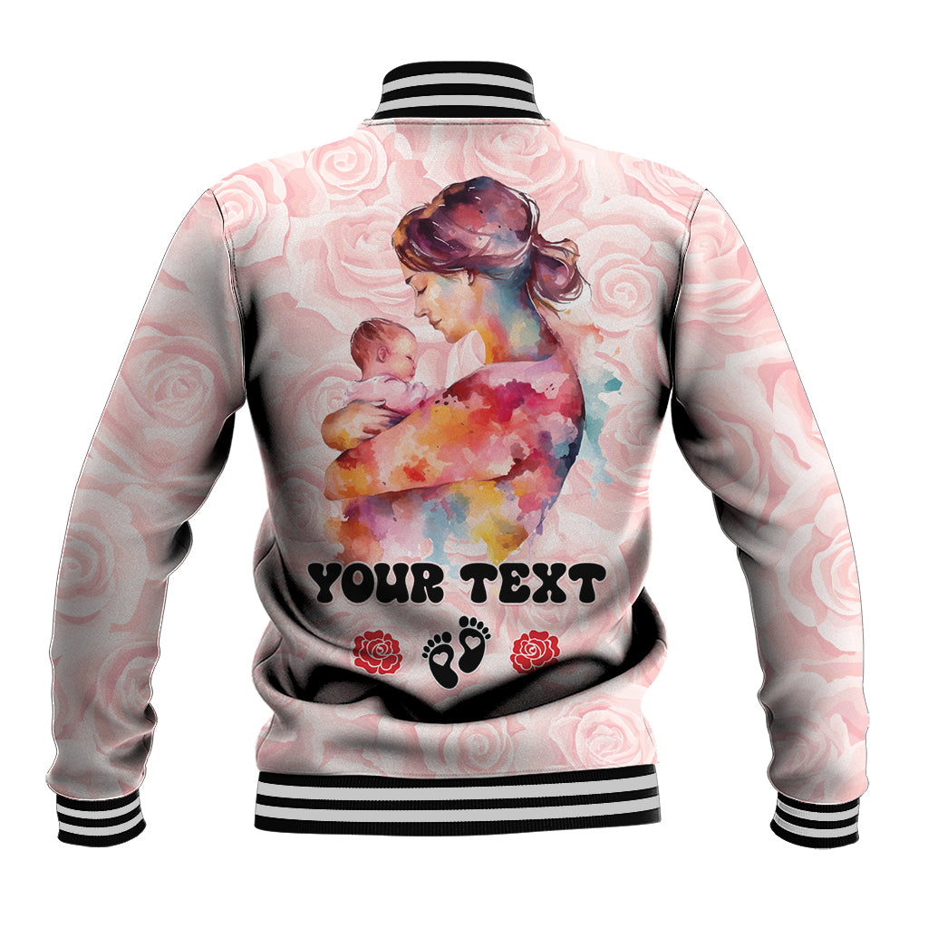 Pink unisex baseball jacket with back 'YOUR TEXT' graphic, paw and rose accents