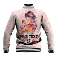 Pink unisex baseball jacket with back 'YOUR TEXT' graphic, paw and rose accents