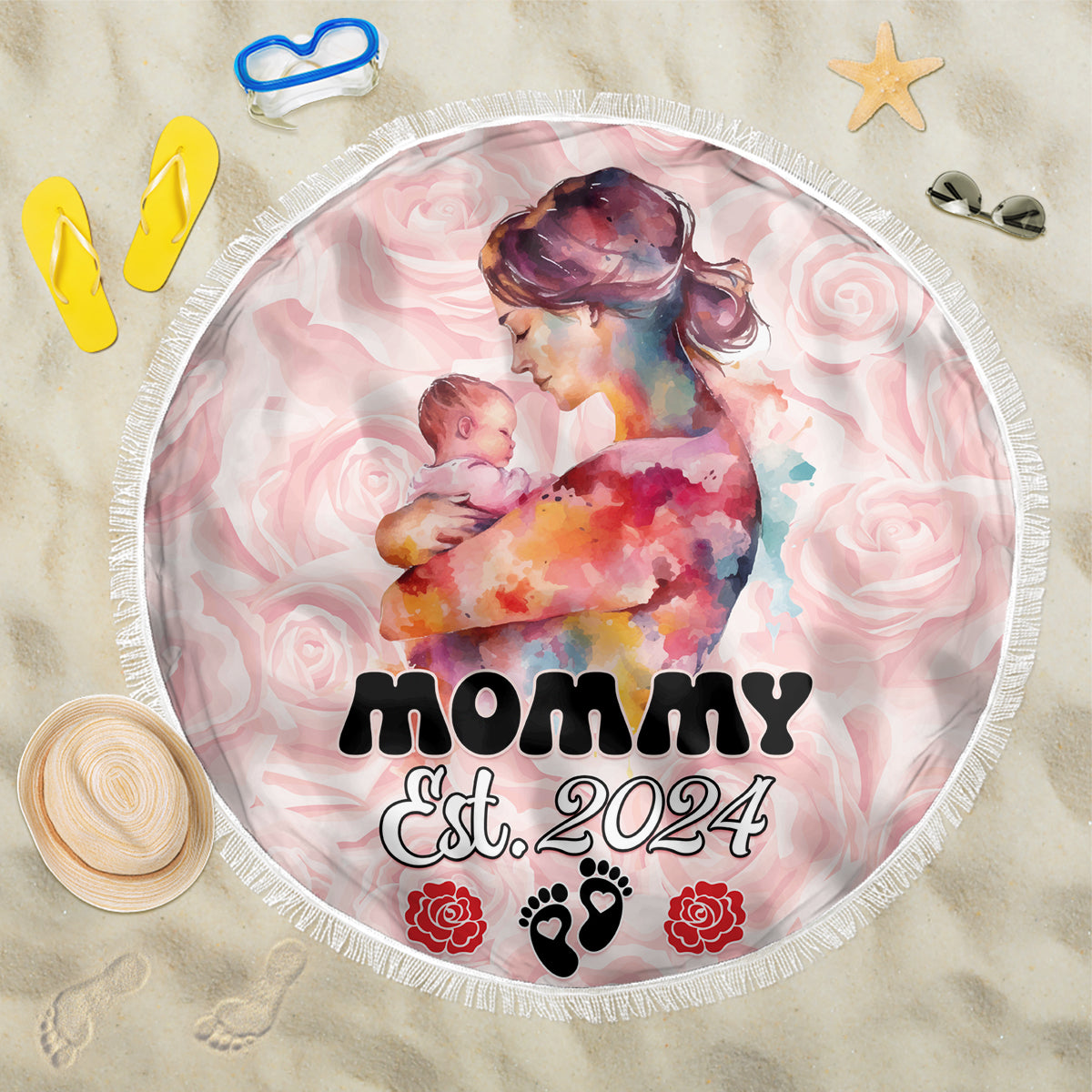 Pink round beach blanket with fringe, “Mommy Est. 2024” text with paw and roses