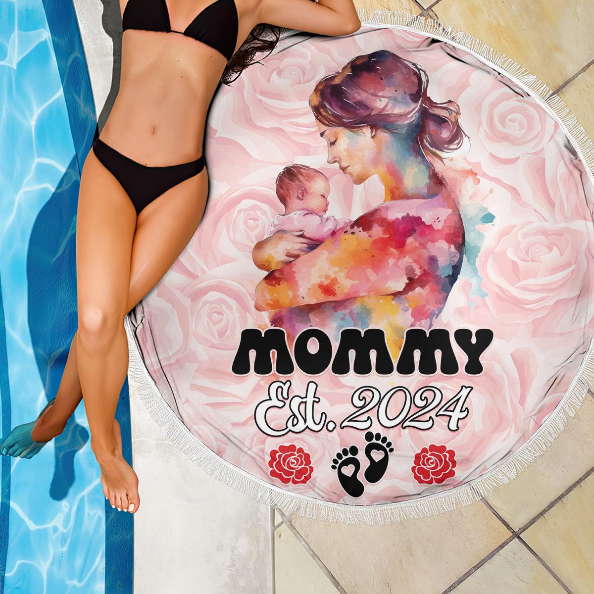 Pink round beach blanket with fringe, mother and baby watercolor, “Mommy Est. 2024”