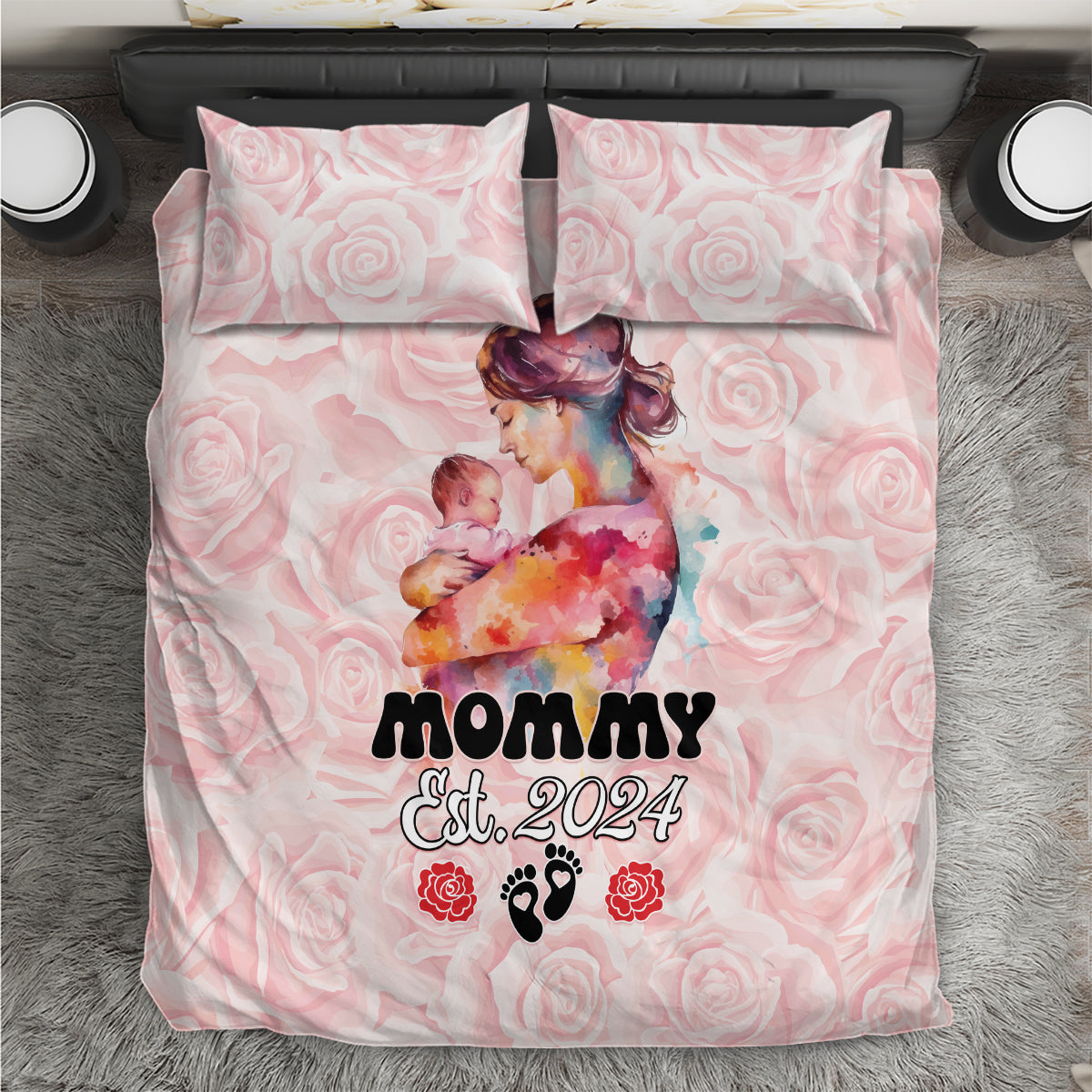 Pink Mother Day bedding set with rose pattern, 'MOMMY Est. 2024' and two matching pillowcases