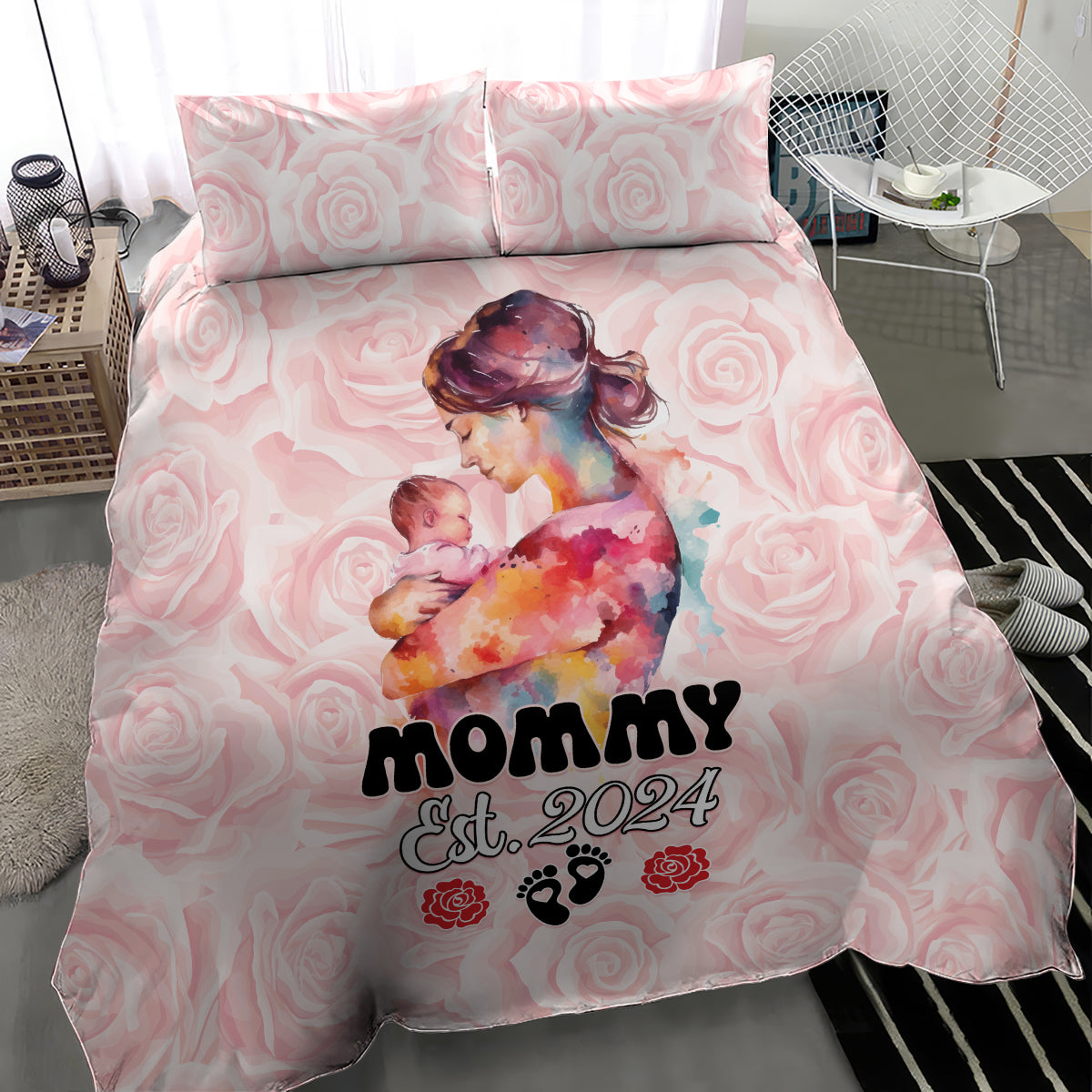 Pink Mother Day bedding set with rose pattern and 'MOMMY Est. 2024' on duvet and pillows