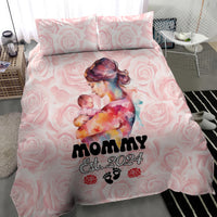 Pink Mother Day bedding set with rose pattern and 'MOMMY Est. 2024' on duvet and pillows