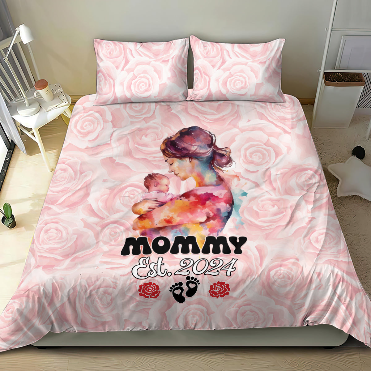 Pink Mother Day bedding set featuring rose pattern and 'MOMMY Est. 2024' with two pillowcases
