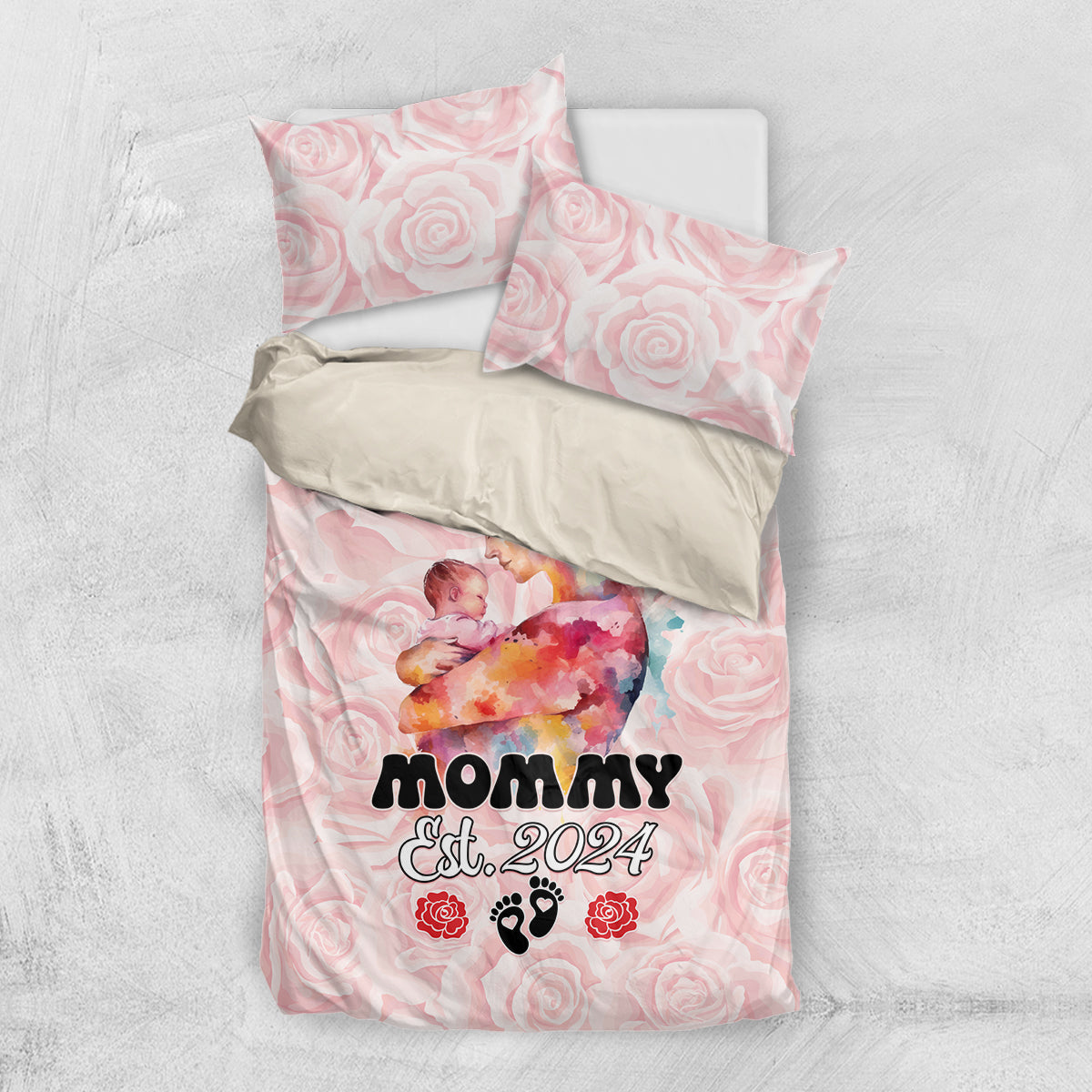 Pink Mother Day bedding set, rose design with 'MOMMY Est. 2024' and one pillowcase set