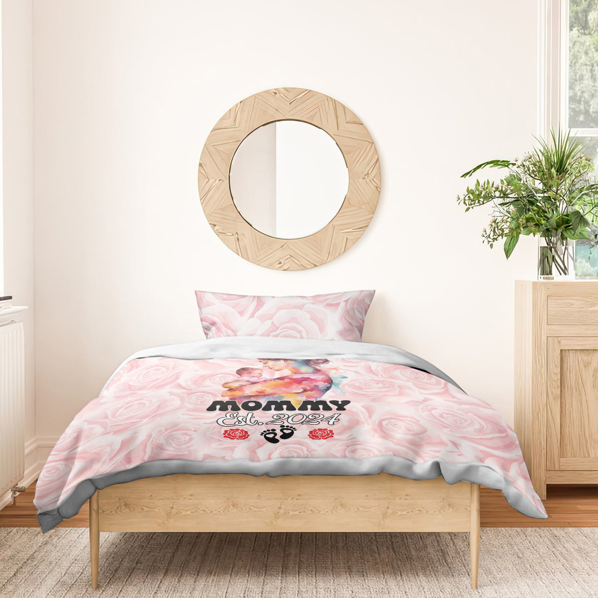 Pink Mother Day bedding set with rose pattern and 'MOMMY Est. 2024' on duvet and pillow