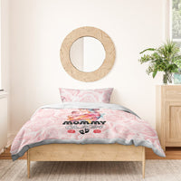 Pink Mother Day bedding set with rose pattern and 'MOMMY Est. 2024' on duvet and pillow