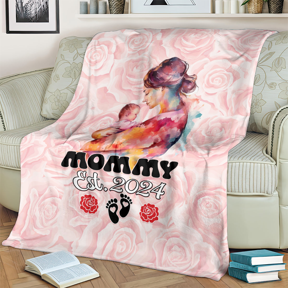 Pink mother’s day blanket with Mommy Est. 2024 lettering and floral pattern