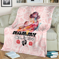 Pink mother’s day blanket with Mommy Est. 2024 lettering and floral pattern