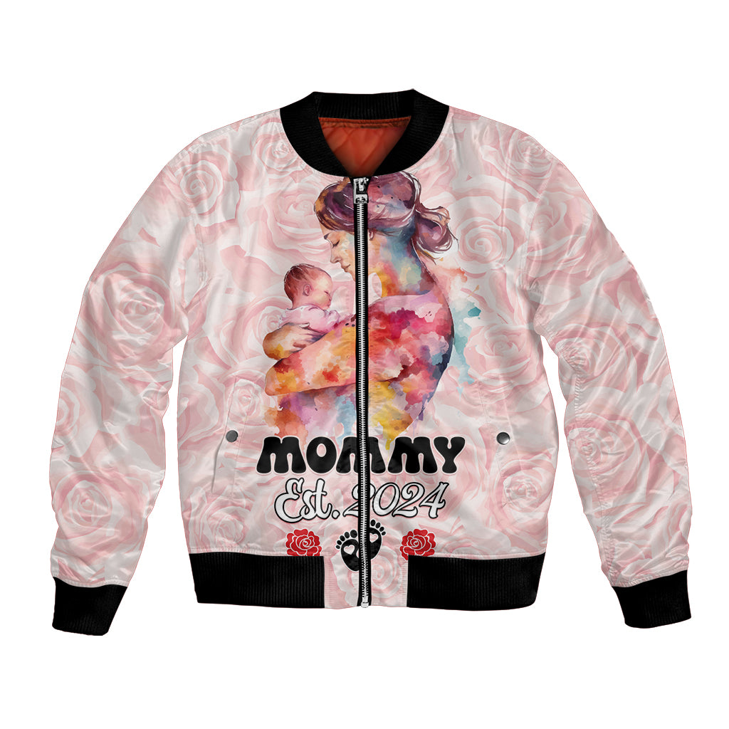 Pink bomber jacket with full-color mom graphic, front zipper, ribbed cuffs and hem