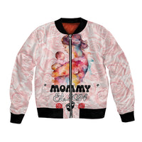 Pink bomber jacket with full-color mom graphic, front zipper, ribbed cuffs and hem
