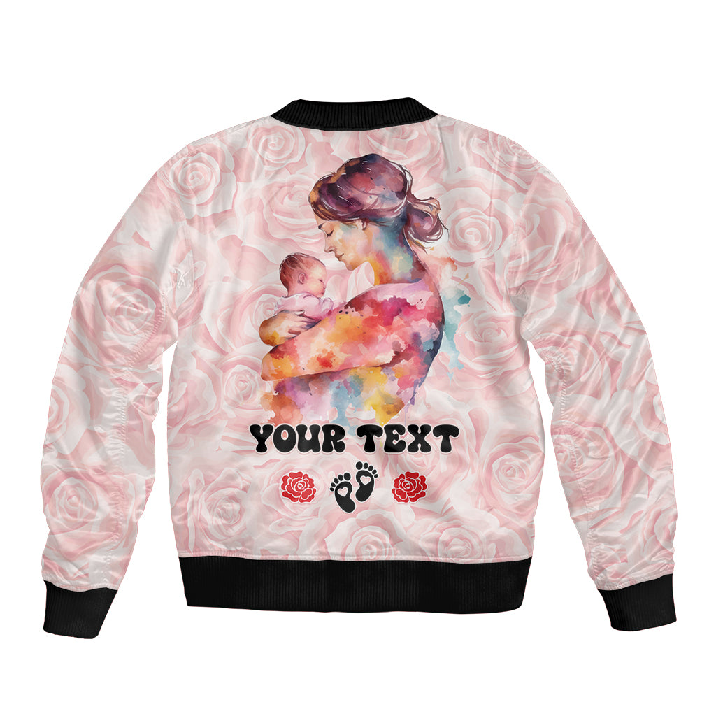 Pink bomber jacket with back “YOUR TEXT” print, roses and paw icons, ribbed hem