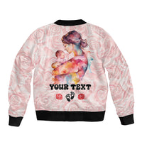 Pink bomber jacket with back “YOUR TEXT” print, roses and paw icons, ribbed hem