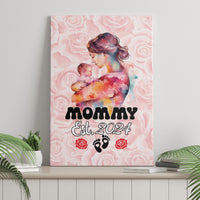 Pink canvas wall art panel on ledge, mom holding baby with MOMMY Est. 2024