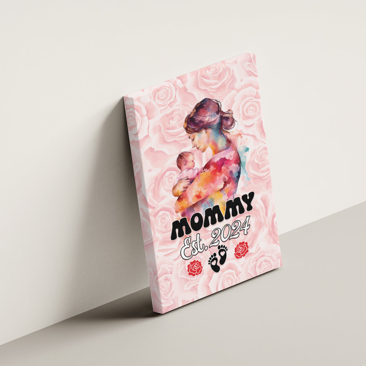 Pink canvas wall art, mom holding baby with MOMMY Est. 2024 and rose background