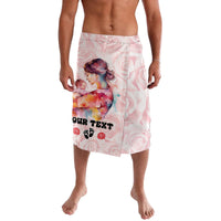 Pink printed lavalava wrap skirt with girl graphic and 'OUR TEXT' lettering