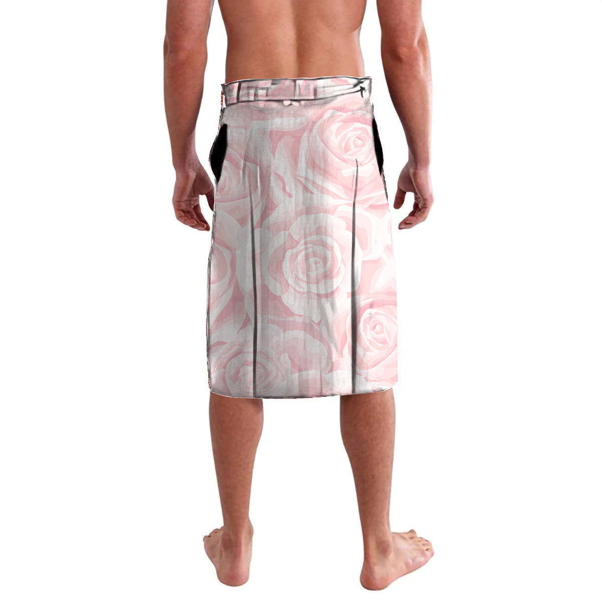 Pink printed lavalava wrap skirt with rose pattern and solid waistband