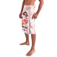 Pink printed lavalava wrap skirt, side view with girl portrait and rose motifs