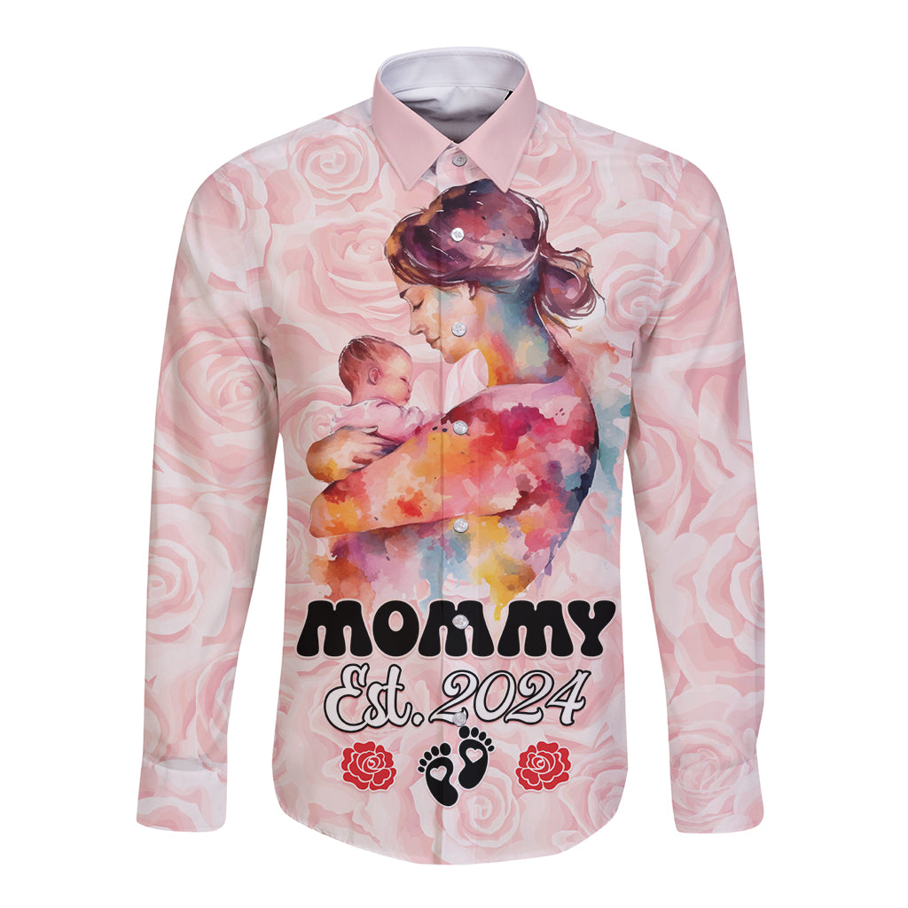 Pink long-sleeve button shirt with mother-baby graphic, MOMMY Est 2024