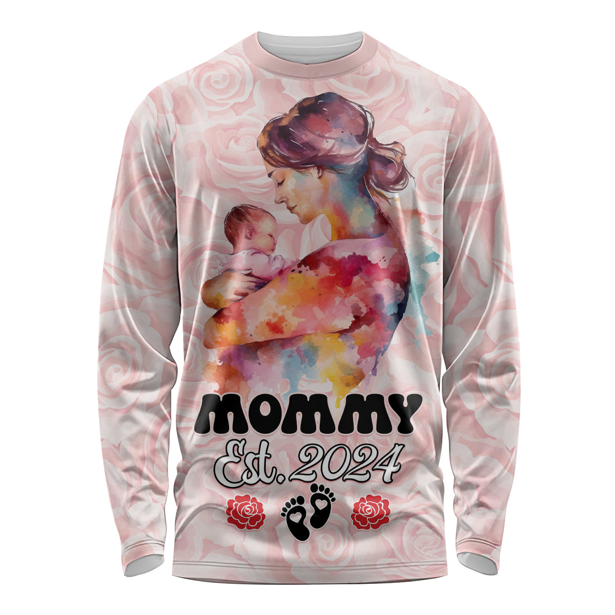 Pink long sleeve shirt with mother portrait, MOMMY Est. 2024 text and roses, paw prints
