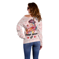 Pink off-shoulder sweatshirt sweater with Your Text back print and mother graphic