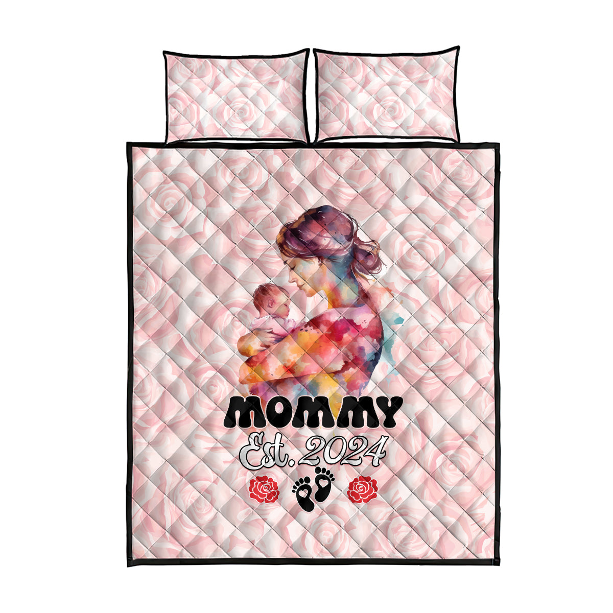 Pink quilt bed set with two matching pillowcases, mother dog graphic, 'Mommy Est. 2024'