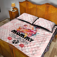 Pink quilt bed set with two pillowcases, 'Mommy Est. 2024' text and rose paw-print accents