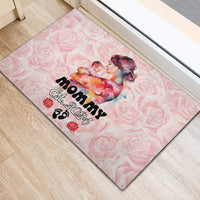 Pink rubber doormat with mom-and-baby graphic, “Mommy Est. 2024” and rose pattern