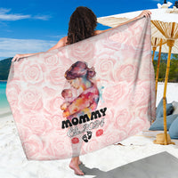 Pink rose-print mommy sarong with mother-and-baby graphic and “Est. 2024” text