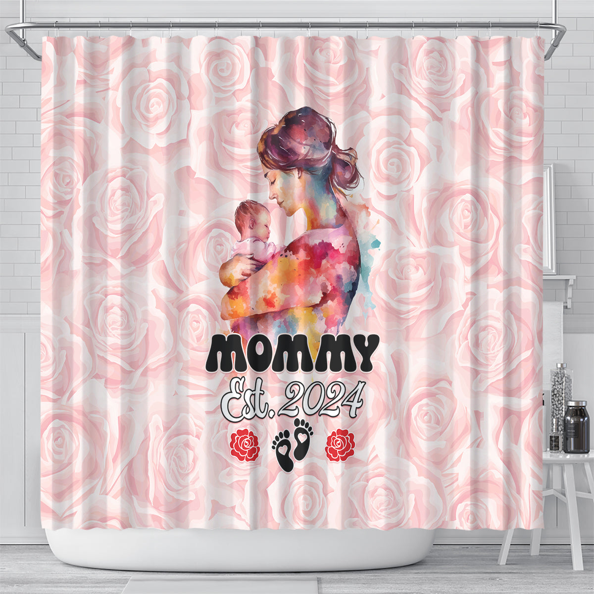 Pink shower curtain with mother and baby graphic, “Mommy Est. 2024,” rose accents