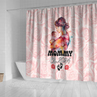 Pink shower curtain with mother holding baby artwork, “Mommy Est. 2024,” and rose motifs