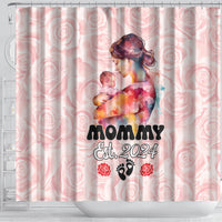 Pink shower curtain with mother holding baby and “Mommy Est. 2024” text, roses