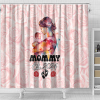 Pink shower curtain with “Mommy Est. 2024” lettering, mother holding baby, rose pattern