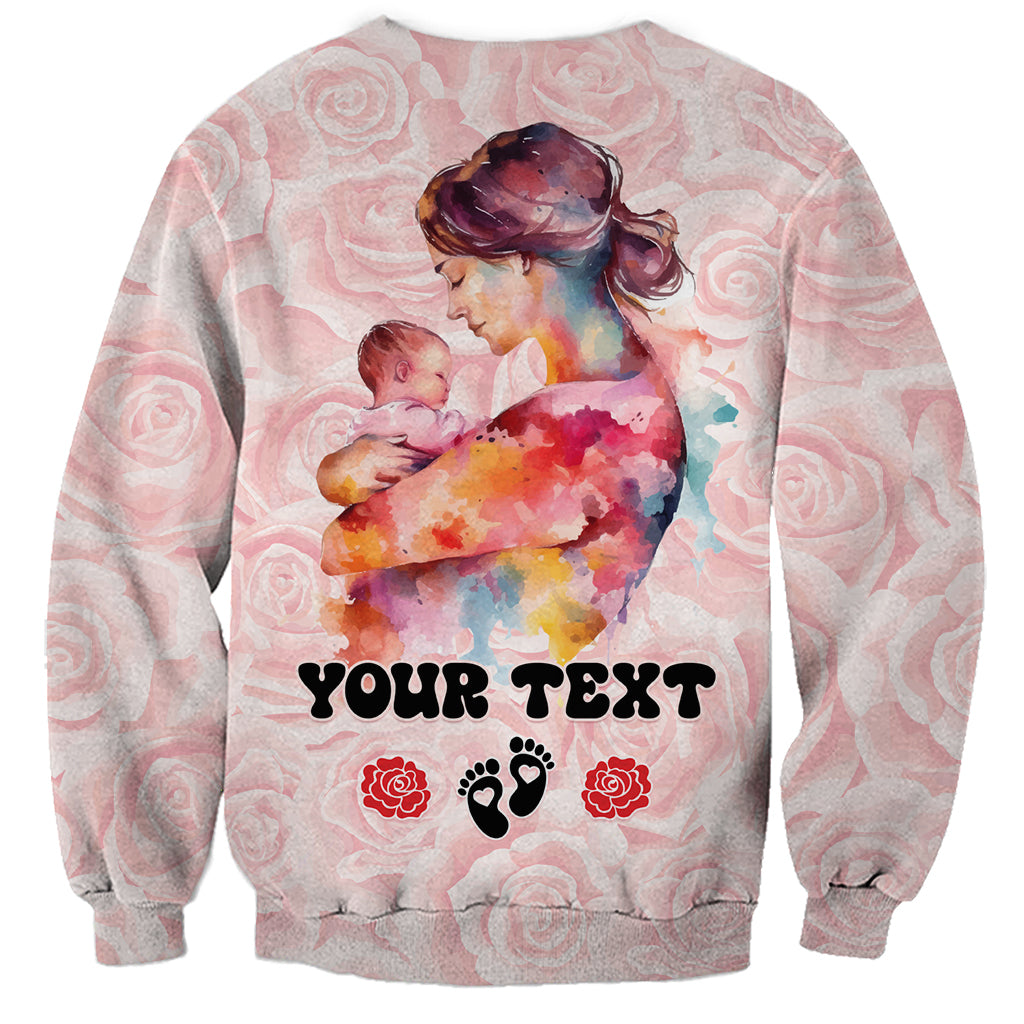 Pink unisex sweatshirt: mom holding baby watercolor, 'YOUR TEXT' with roses and paw prints