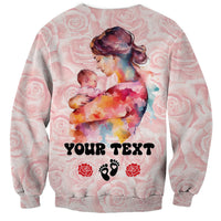 Pink unisex sweatshirt: mom holding baby watercolor, 'YOUR TEXT' with roses and paw prints