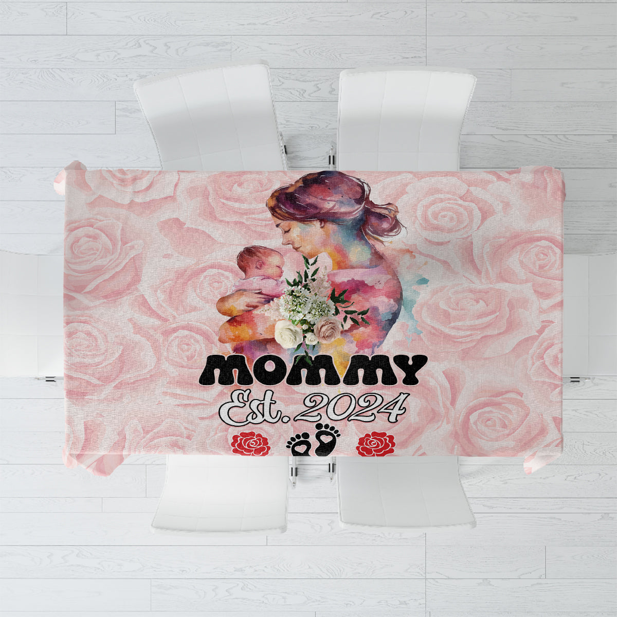 Pink rose-pattern tablecloth with “Mommy Est. 2024” text and paw-print accents