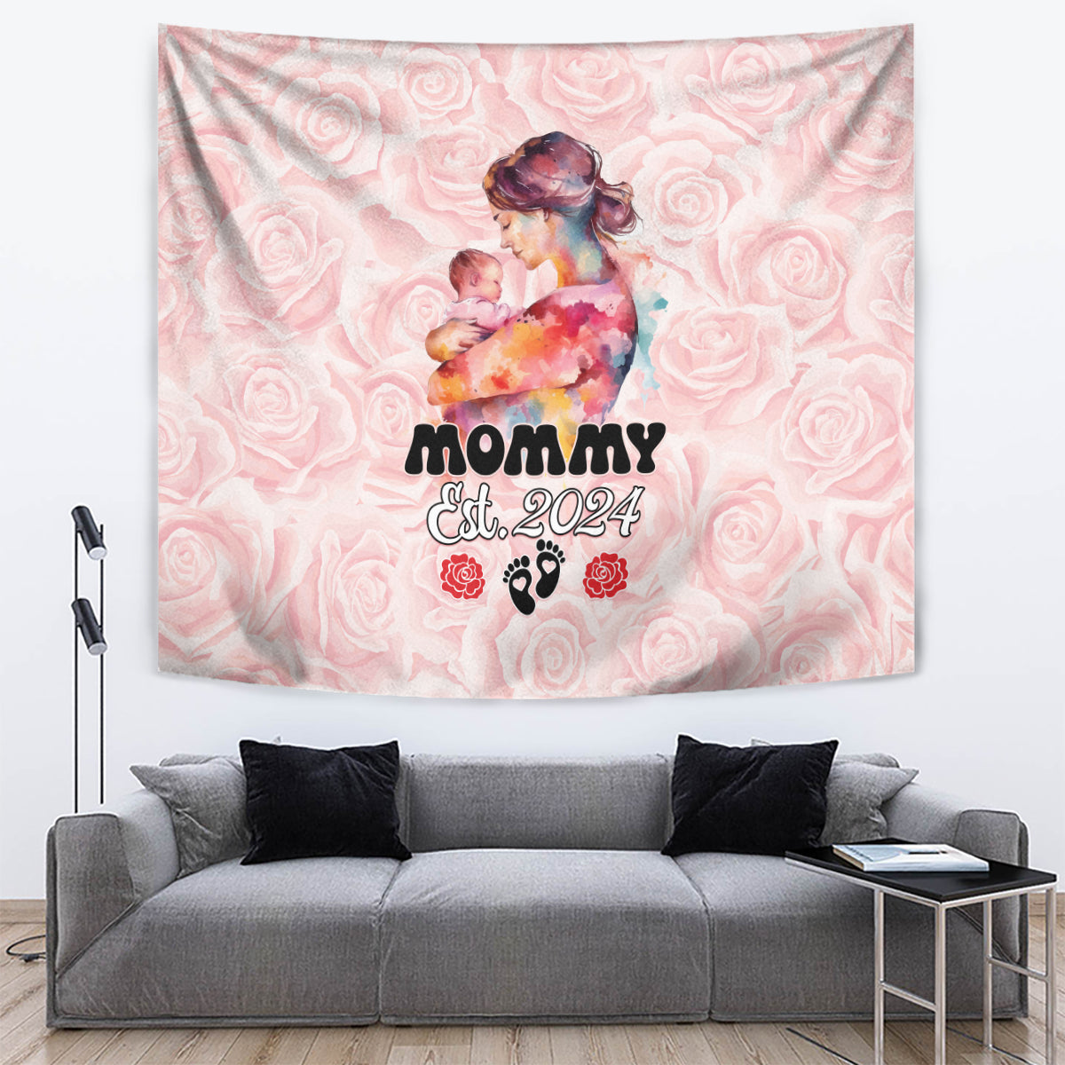 Pink mother-and-baby wall tapestry with rose pattern, “Mommy Est. 2024” and paw prints