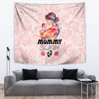 Pink mother-and-baby wall tapestry with rose pattern, “Mommy Est. 2024” and paw prints