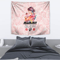 Pink mother-baby rose tapestry with “Mommy Est. 2024” lettering and paw print accents