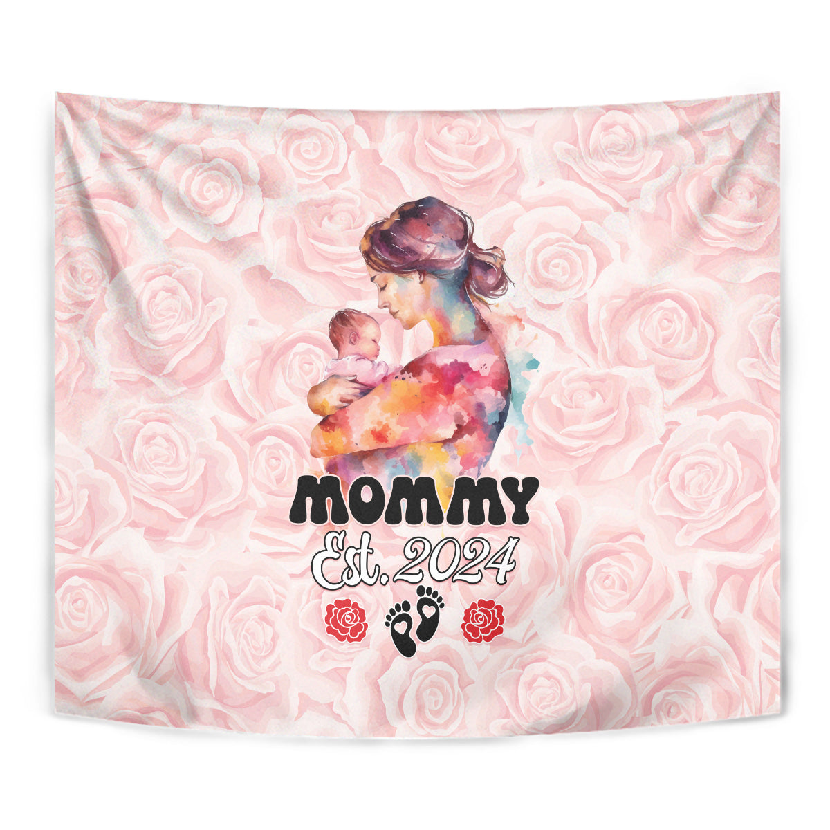 Pink mother-and-baby tapestry over roses, “Mommy Est. 2024” with paw print details