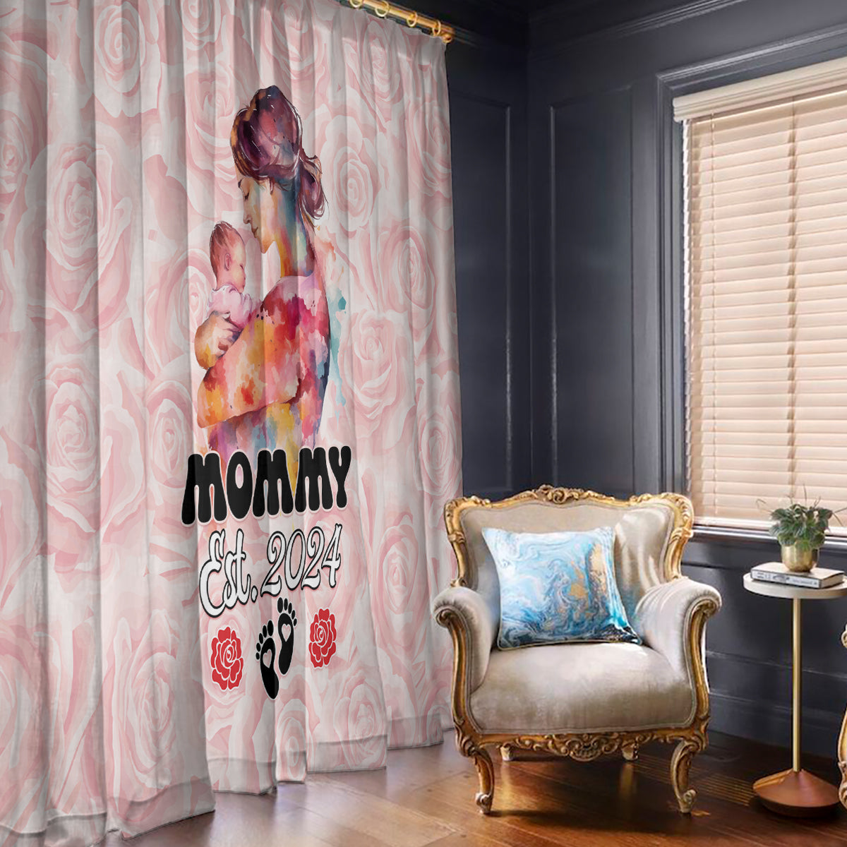 Pink window curtain panel with “Mommy Est. 2024” text, roses, and paw print details.